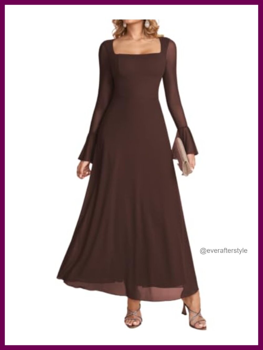 Women's Long Sleeve Square Neck Mesh Maxi Dress Formal Wedding Guest